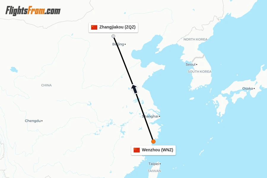 Flights from Wenzhou to Zhangjiakou route map