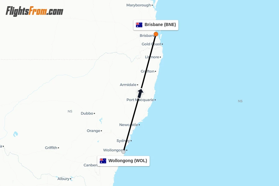 Flights from Wollongong to Brisbane route map