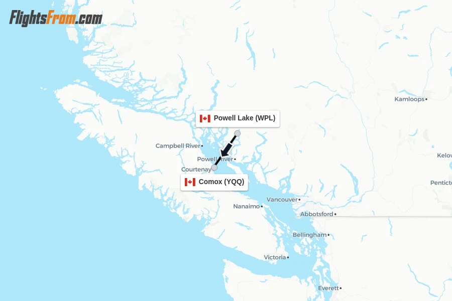 Flights from Powell Lake to Comox route map
