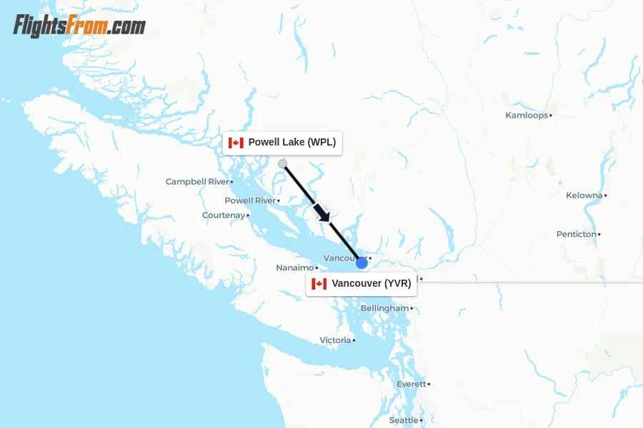 Flights from Powell Lake to Vancouver route map
