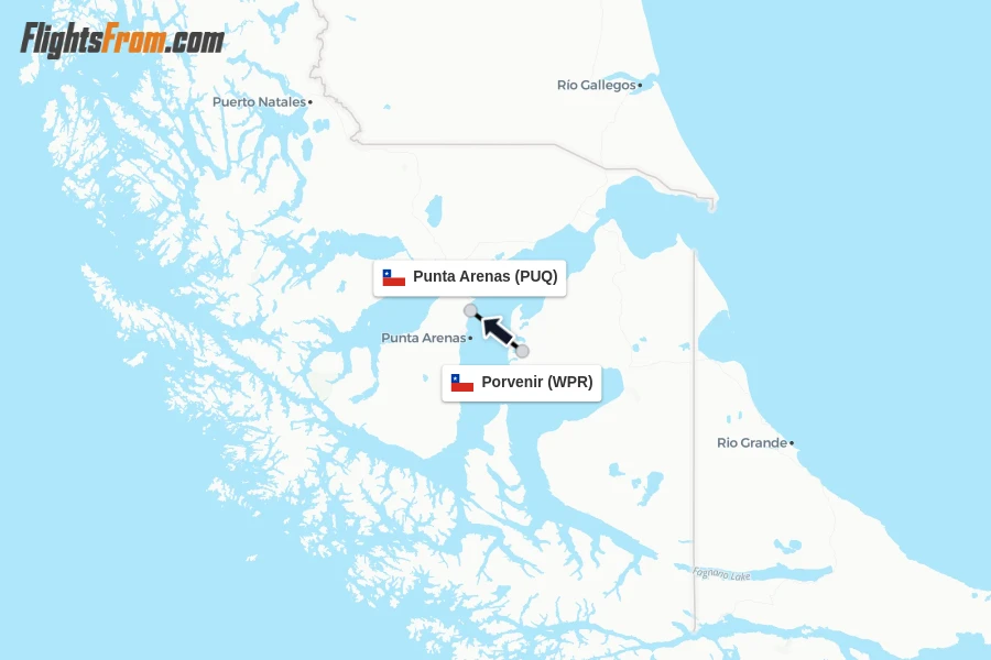 Flights from Porvenir to Punta Arenas route map