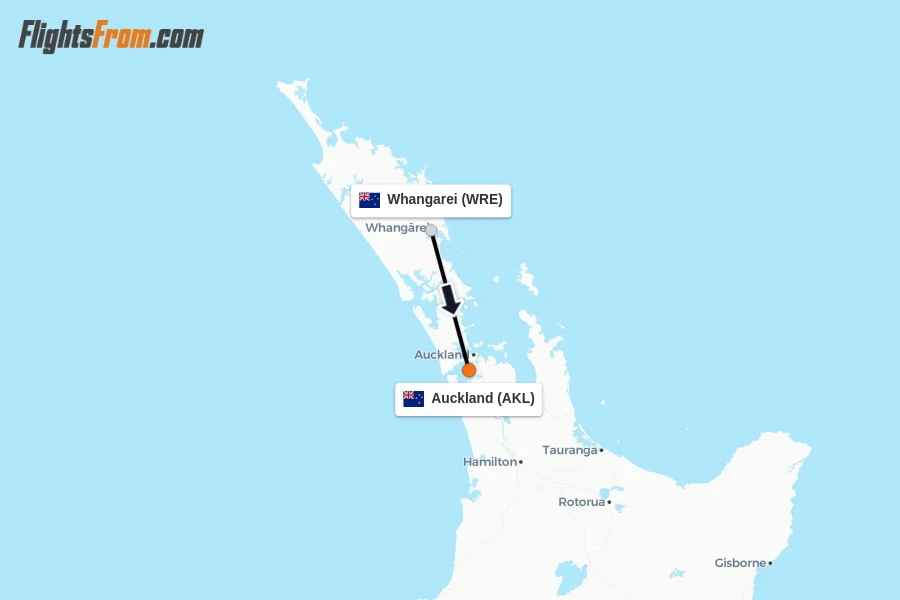 Flights from Whangarei to Auckland route map