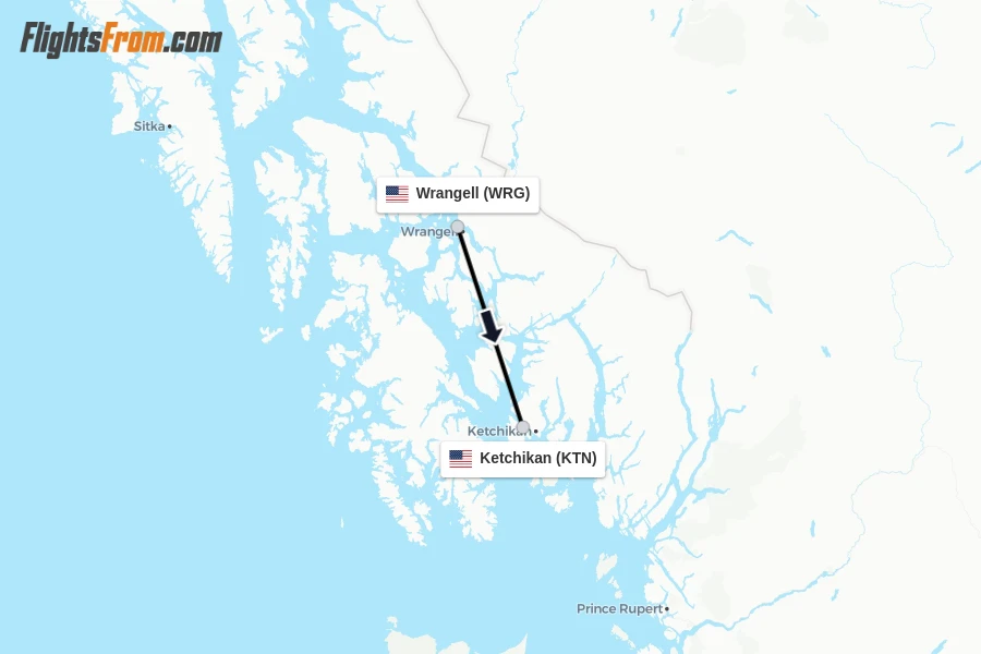 Flights from Wrangell to Ketchikan route map
