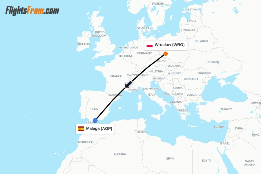 Flights from Wroclaw to Malaga route map