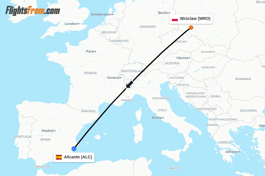 Flights from Wroclaw to Alicante route map