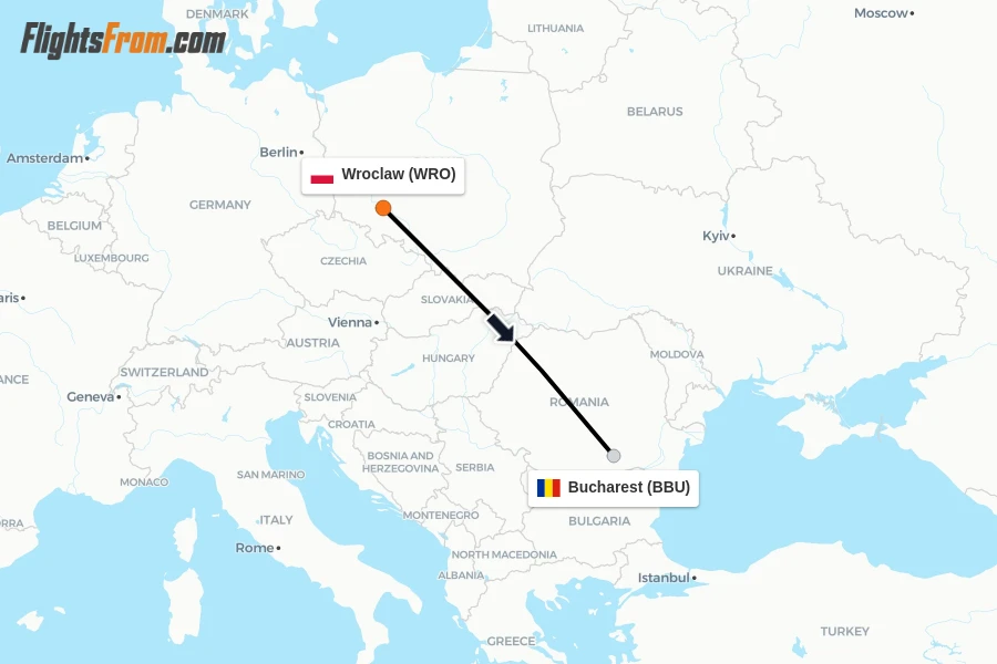 Flights from Wroclaw to Bucharest route map