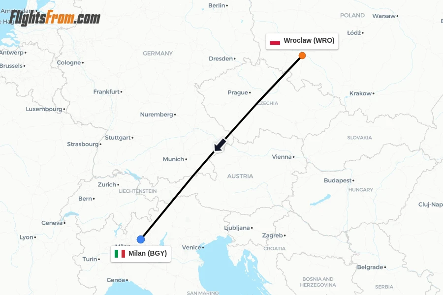 Flights from Wroclaw to Milan route map
