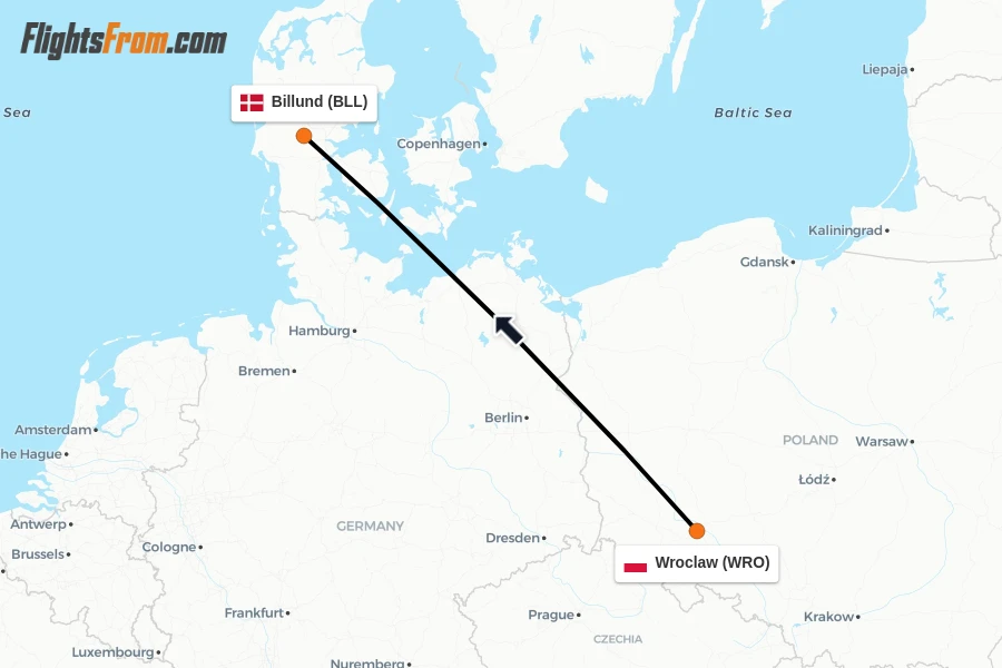 Flights from Wroclaw to Billund route map