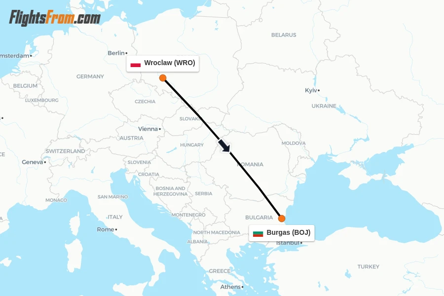 Flights from Wroclaw to Burgas route map