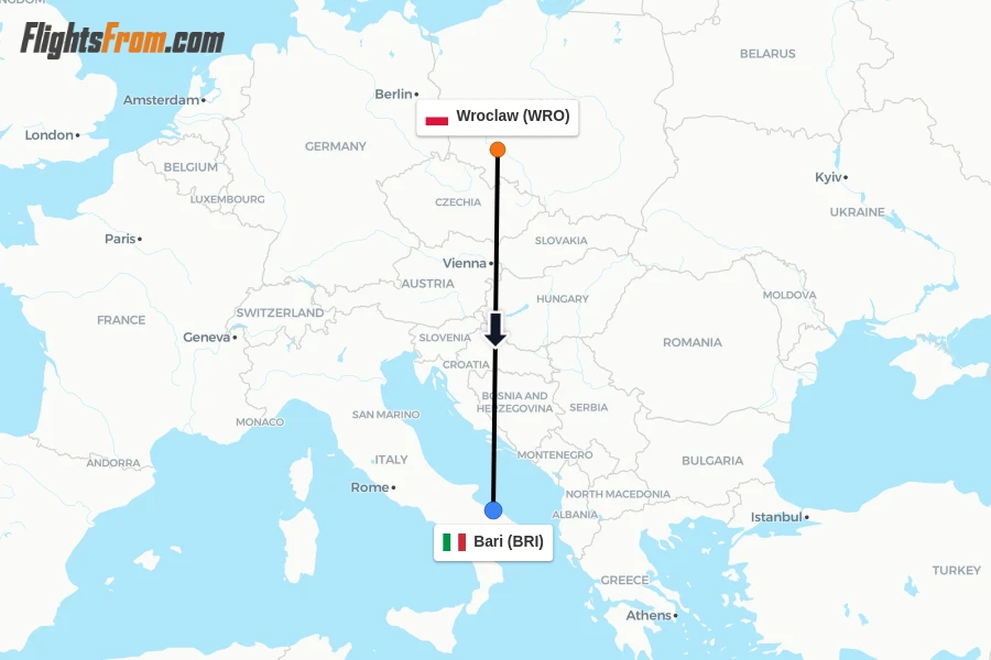 Flights from Wroclaw to Bari route map