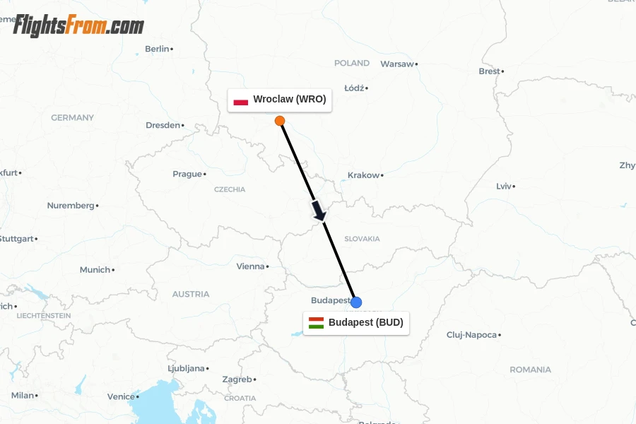 Flights from Wroclaw to Budapest route map