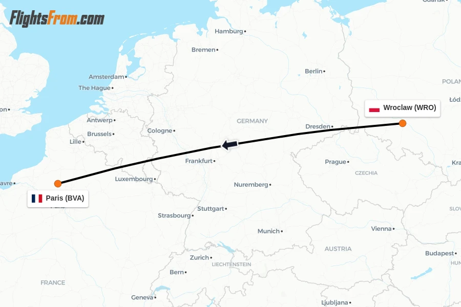Flights from Wroclaw to Paris route map