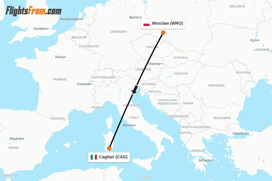 Flights from Wroclaw to Cagliari route map