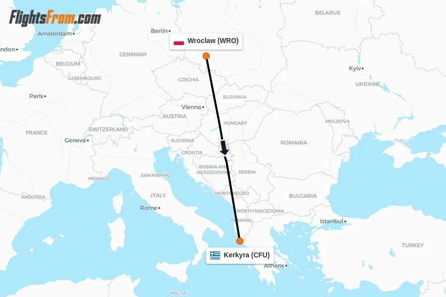 Flights from Wroclaw to Kerkyra route map