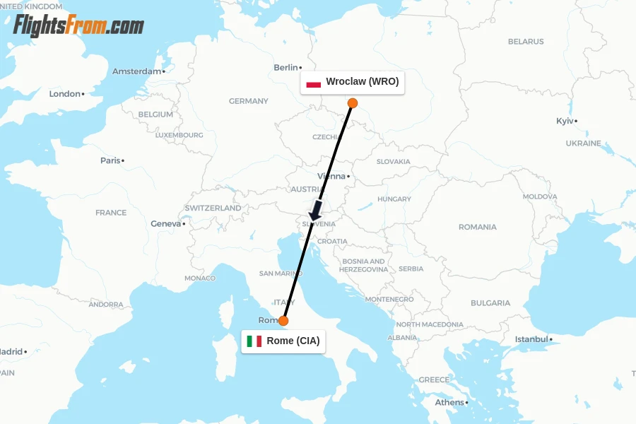 Flights from Wroclaw to Rome route map