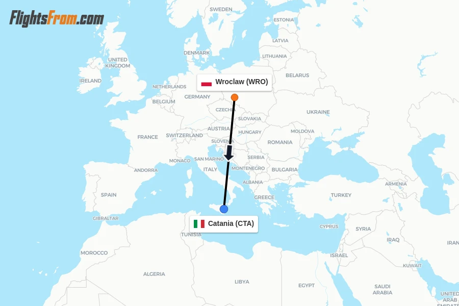 Flights from Wroclaw to Catania route map