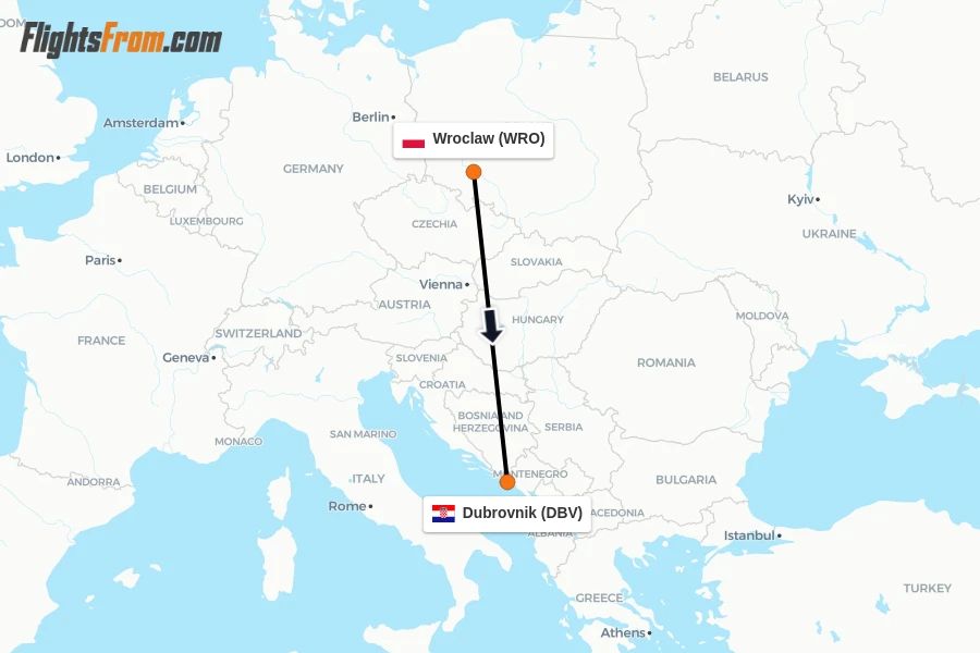 Flights from Wroclaw to Dubrovnik route map