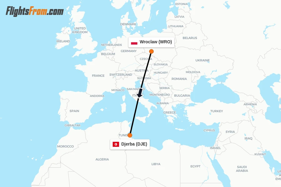 Flights from Wroclaw to Djerba route map