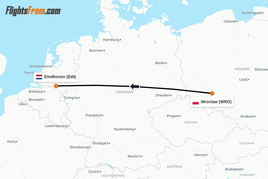 Flights from Wroclaw to Eindhoven route map