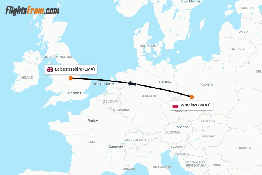 Flights from Wroclaw to Leicestershire route map