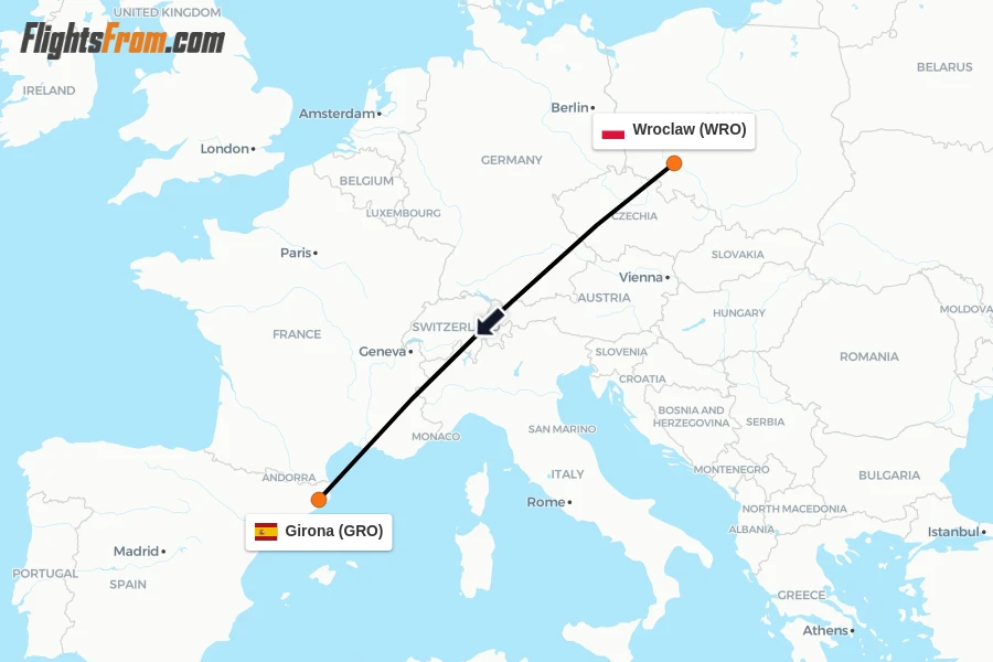 Flights from Wroclaw to Girona route map