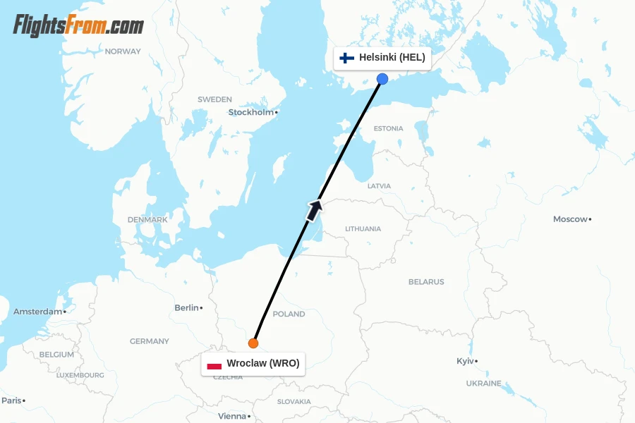 Flights from Wroclaw to Helsinki route map