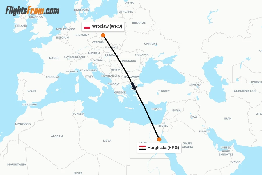 Flights from Wroclaw to Hurghada route map