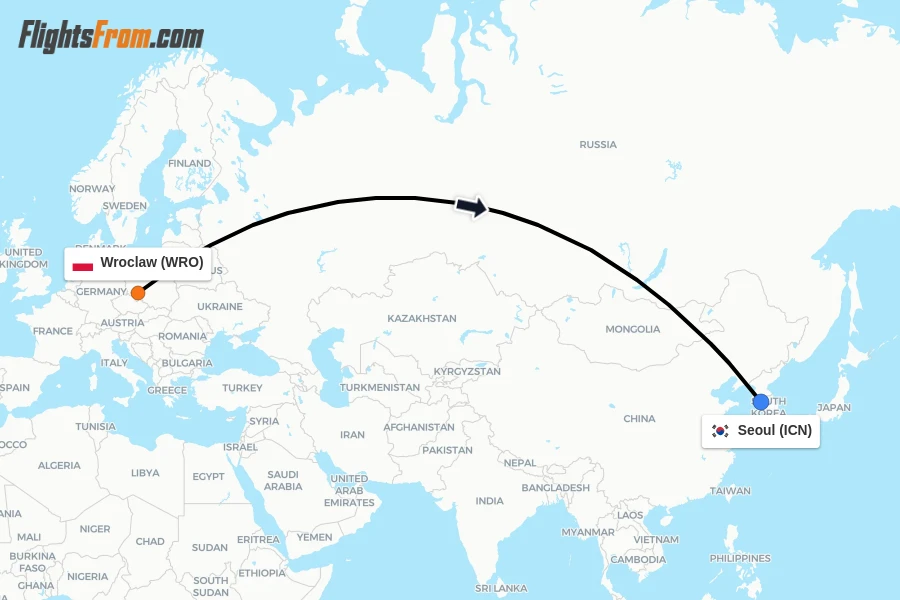 Flights from Wroclaw to Seoul route map