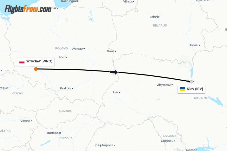 Flights from Wroclaw to Kiev route map