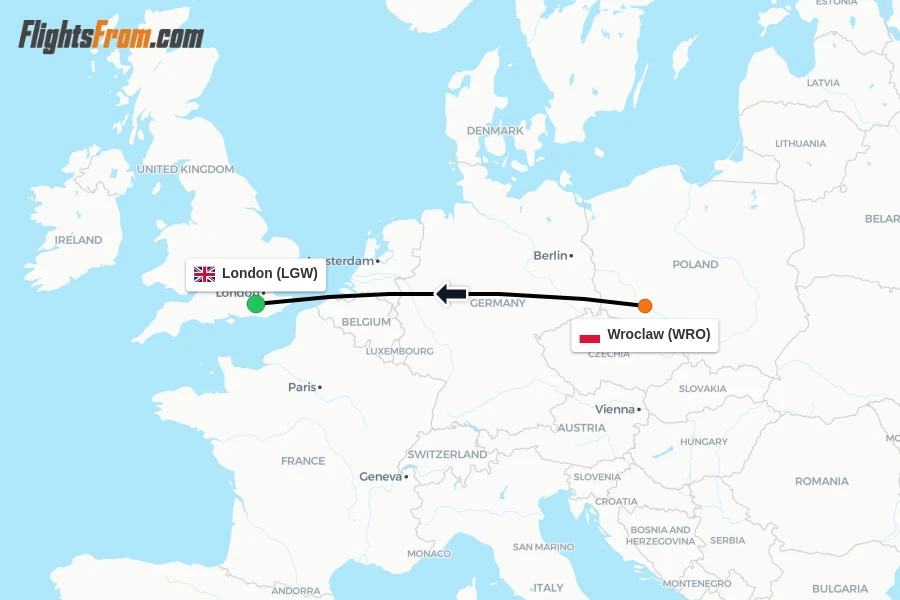 Flights from Wroclaw to London route map