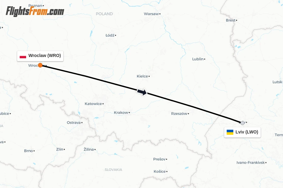 Flights from Wroclaw to Lviv route map