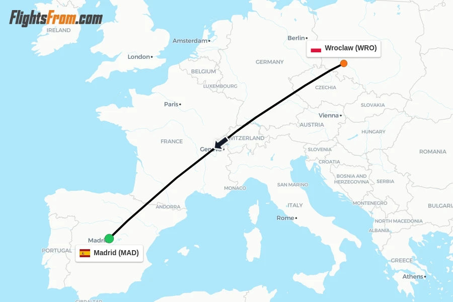 Flights from Wroclaw to Madrid route map