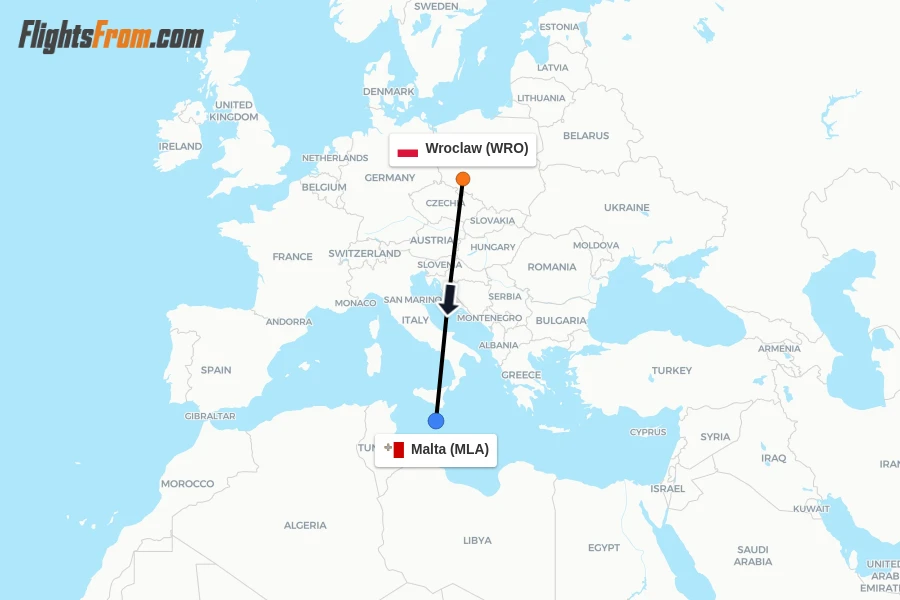 Flights from Wroclaw to Malta route map