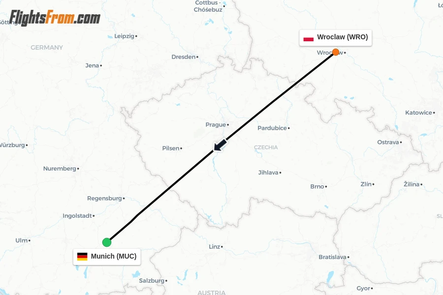 Flights from Wroclaw to Munich route map