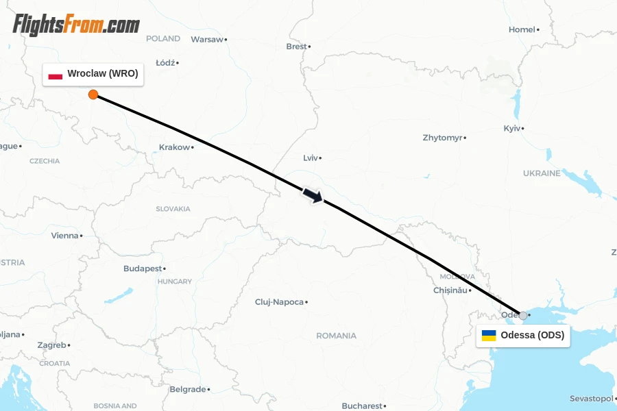 Flights from Wroclaw to Odessa route map