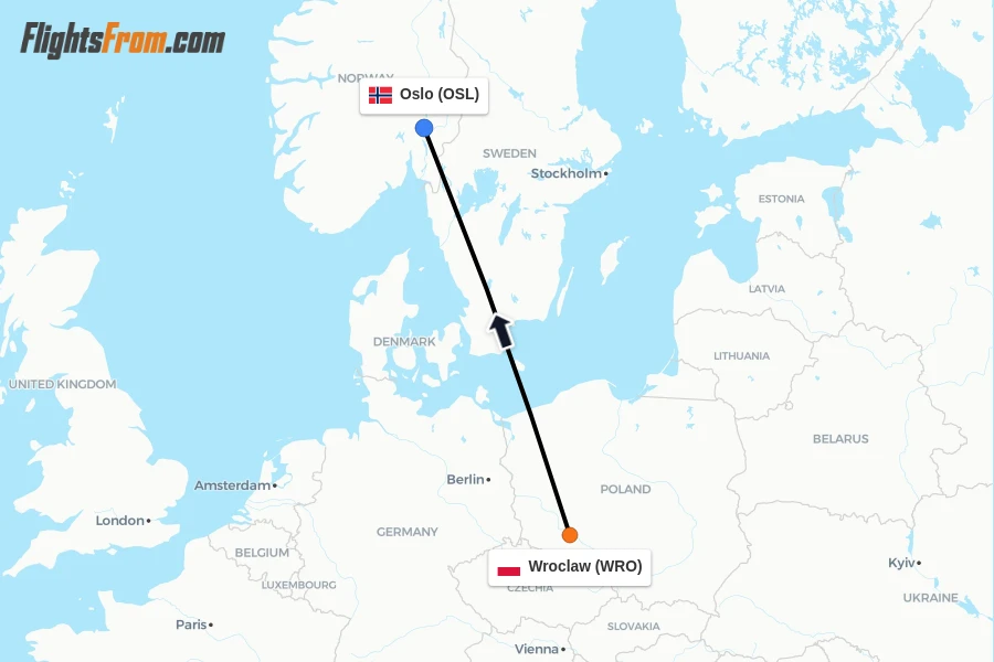 Flights from Wroclaw to Oslo route map