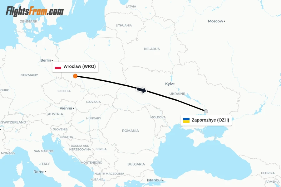 Flights from Wroclaw to Zaporozhye route map