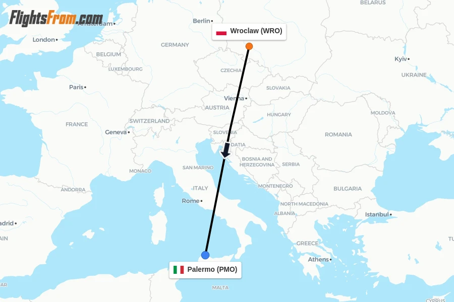 Flights from Wroclaw to Palermo route map