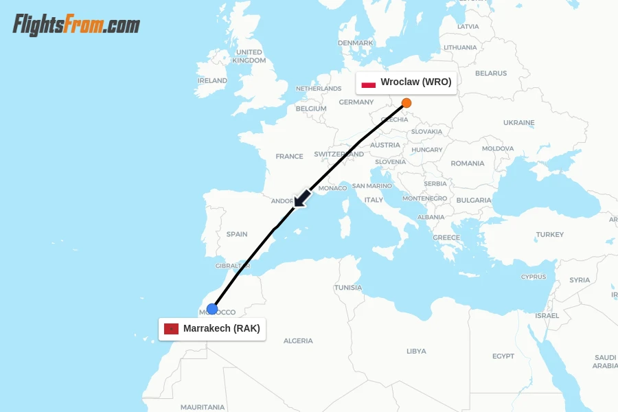 Flights from Wroclaw to Marrakech route map