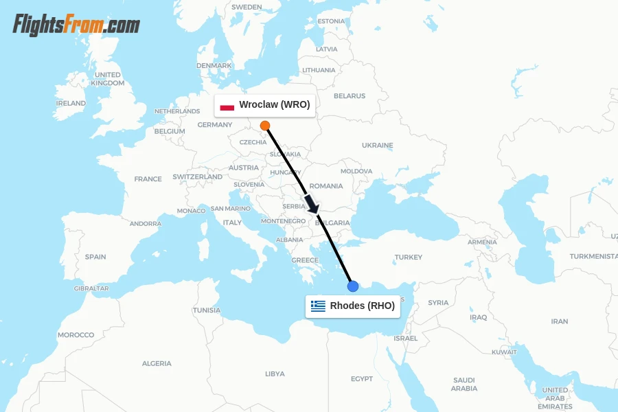 Flights from Wroclaw to Rhodes route map