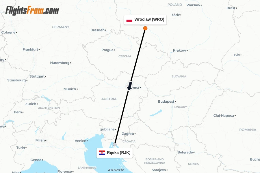 Flights from Wroclaw to Rijeka route map