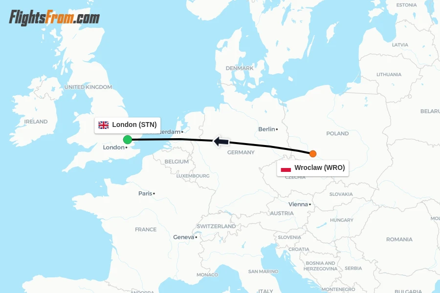 Flights from Wroclaw to London route map