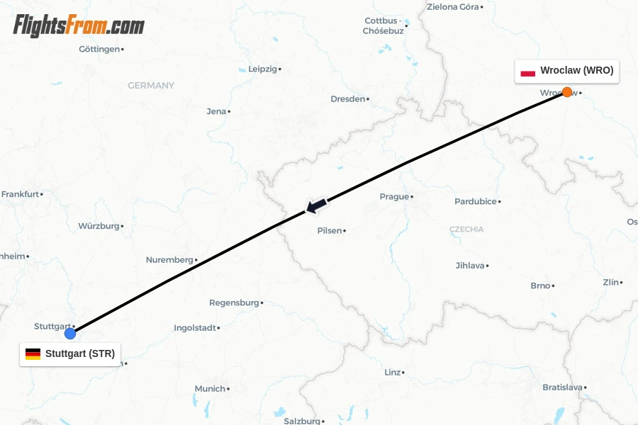 Flights from Wroclaw to Stuttgart route map
