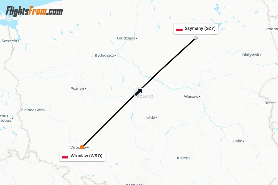 Flights from Wroclaw to Szymany route map