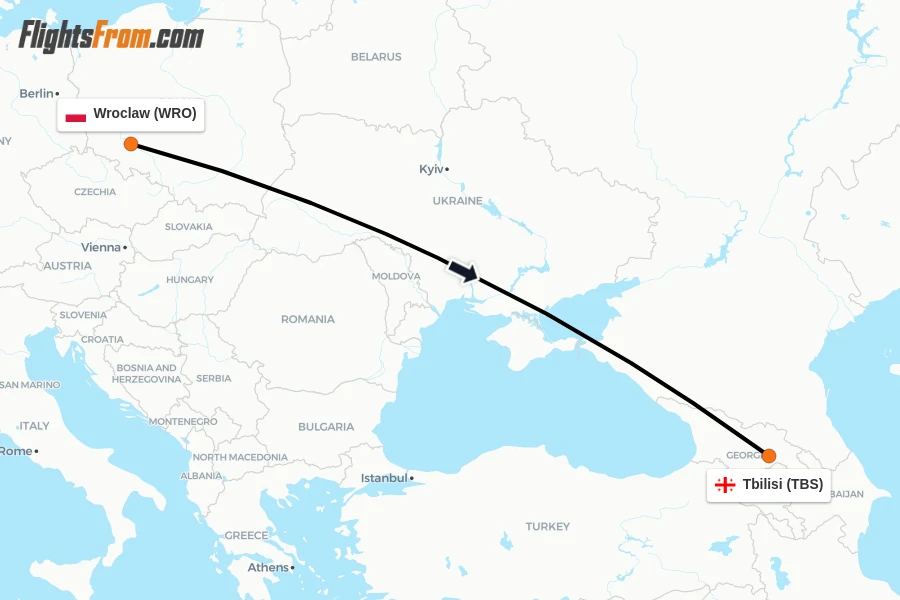 Flights from Wroclaw to Tbilisi route map
