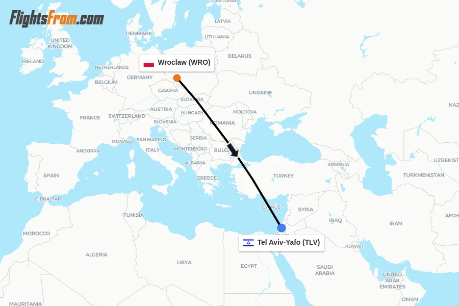 Flights from Wroclaw to Tel Aviv-Yafo route map