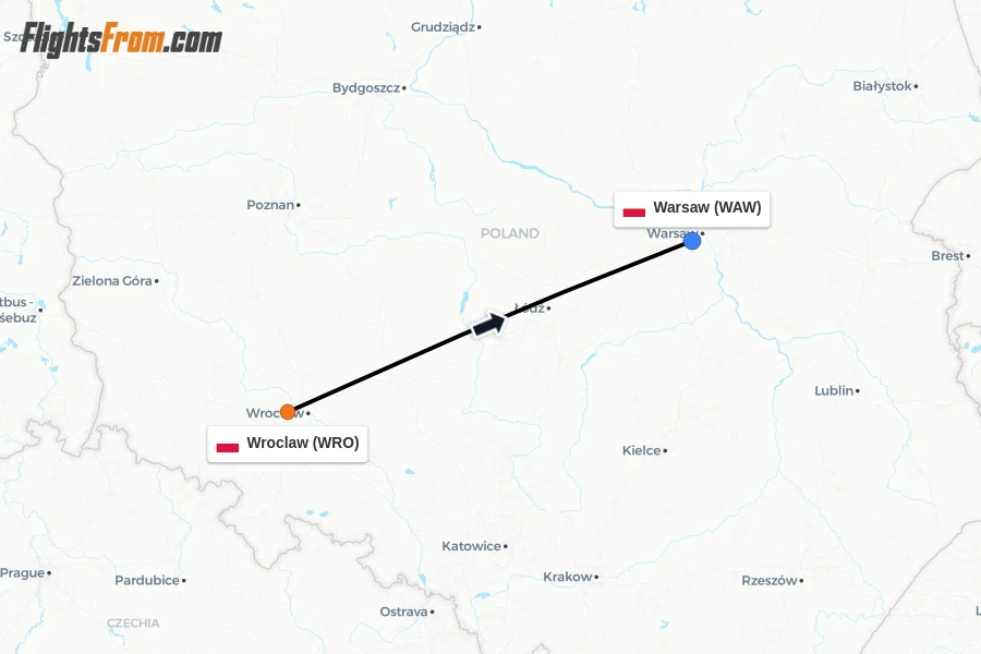 Flights from Wroclaw to Warsaw route map