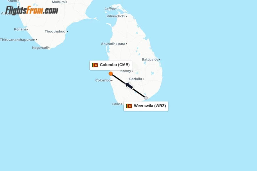 Flights from Weerawila to Colombo route map