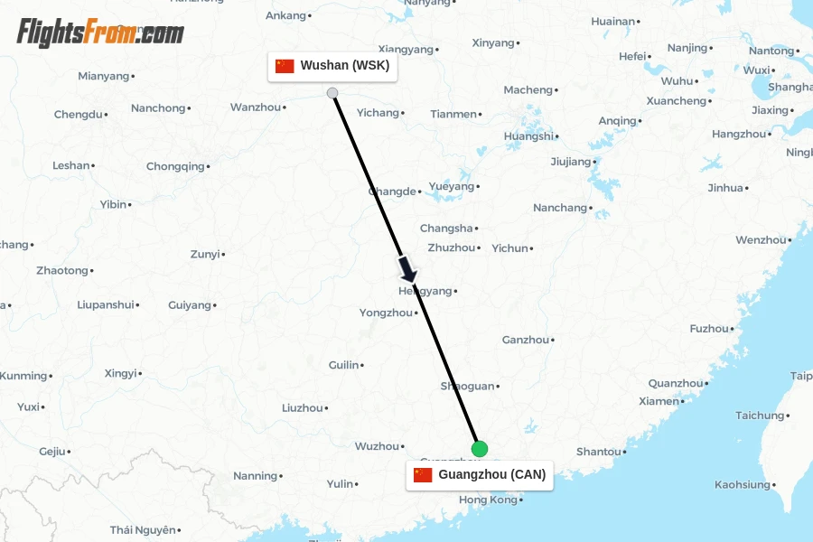 Flights from Wushan to Guangzhou route map