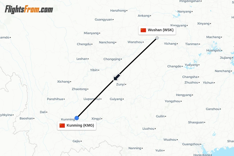 Flights from Wushan to Kunming route map